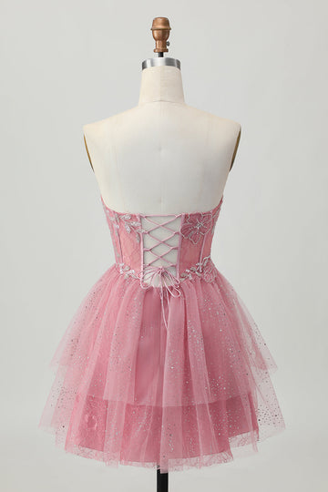 Dusty Rose A-Line Strapless Tiered Tulle Short Homecoming Dress with Beading